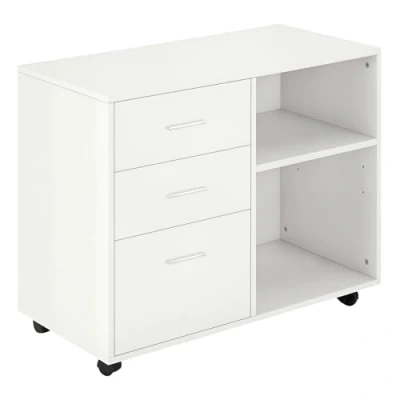 Image of HOMCOM Freestanding Printer Stand Unit Office Desk Side Mobile Storage w/Wheels 3 Drawers, 2 Open Shelves Modern Style 80L x 40W 65H cm White