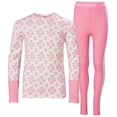 Image of Helly Hansen Unisex Kid&#039;s JR Graphic LIFA Merino Set Base Layer Bottom, 068 Sugar Pink Snowflake AOP, 10 Years