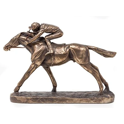 Image of Galloping Racehorse &amp; Jockey Sculpture Cold Cast Bronze Horse Racing Figurine