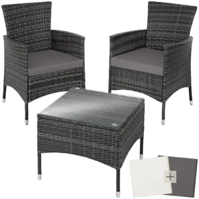 Image of TecTake® Rattan Garden Set, 2 Chairs &amp; 1 Table, Bistro Set made of Sturdy Steel Frame, Quality Polyrattan Glass Tabletop. Weather Resistant Includes Beige Grey Cushion Covers