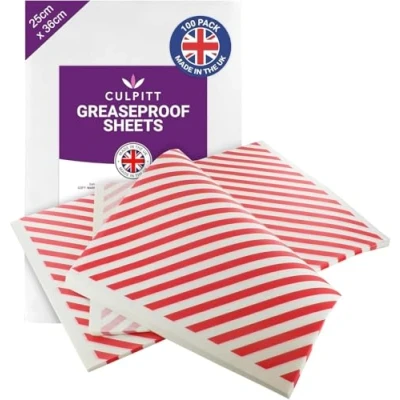 Image of Culpitt Greaseproof Paper Sheets Red Stripe 100 Colourful Pre Cut Baking For Baking, Freezing, Serving, Airfrying, Displaying Cookies, Cakes, Pastries, Sandwiches 25cm x 36cm