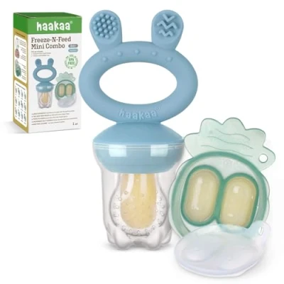 Image of Haakaa Baby Fruit Food Feeder &amp; Mini Freezer Nibble Tray Combo, Breastmilk Popsicle Molds for Cooling Relief, BPA Free Silicone Safe Infant Self Feeding, 4 Month+(Sky Blue)