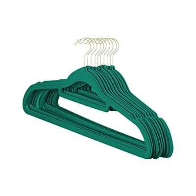 Image of Premium Velvet Hangers 10 Pack, Slim Space Saving Coat Hanger with Tie Bar, Non Slip Clothes 360 Swivel Hook, Suit, Shirt Dress &amp; Trouser Thin Flocked Felt (Green)