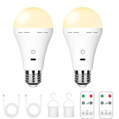 Image of BOBOPAI USB C Rechargeable Light Bulb with Remote Control, 7W Battery Powered Bulbs E27 Touch Control Dimmable LED Bulb, Outdoor Camping Emergency Hook,Warm White Light/2 Pack