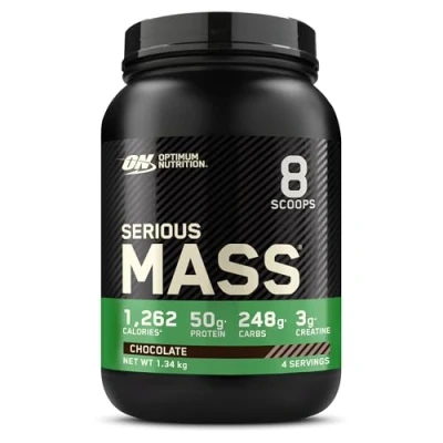 Image of Optimum Nutrition Serious Mass Protein Powder High Calorie Gainer with Vitamins, Creatine and Glutamine, Chocolate, 4 Servings, 1.34 kg, Packaging May Vary