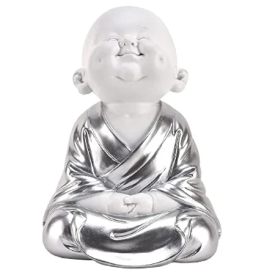 Image of Matt White &amp; Silver Meditating Zen Buddha Child Sculpture Figurine 20cm Height New Home Ornament Birthday Present