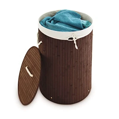 Image of Relaxdays Folding Round Laundry Basket Bin Hamper, 65 x 41 cm, 80 L, Made of Bamboo, Foldable, Fabric, Brown, cm