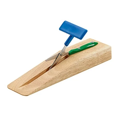 Image of PETA Easi Grip Mounted Table Top Scissors, Stainless Steel Spring Loaded on a Wooden Base with Dycem Strips, Ideal for Anyone Poor Hand Control, Weak Strength and Tremors, 45mm Blade