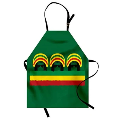 Image of ABAKUHAUS Jamaican Apron, Reggae Themed Hat, Unisex Kitchen Bib Apron with Adjustable Neck for Cooking Baking Gardening, Green