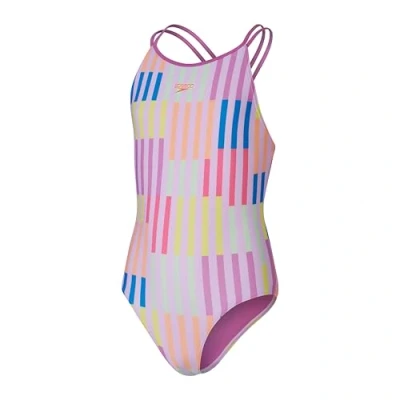 Image of Speedo Girls Printed Twinstrap Swimming Costume Pink Blue