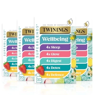 Image of Twinings Superblends Wellbeing Collection Selection of our bestselling blends: Defence, Glow, Digest, Detox &amp; Sleep tea bags, 4 x boxes 20 biodegradable 80 bags in total