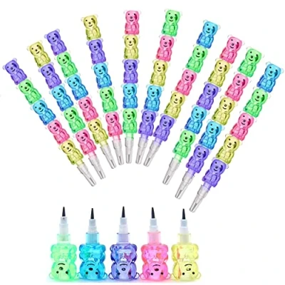 Image of HREDZEO Stackable Pencils for Kids,10 Pcs Cute Bear Colouring 5 in 1 Stacking Colored Party Favors Birthday Supplies School Kids Gift
