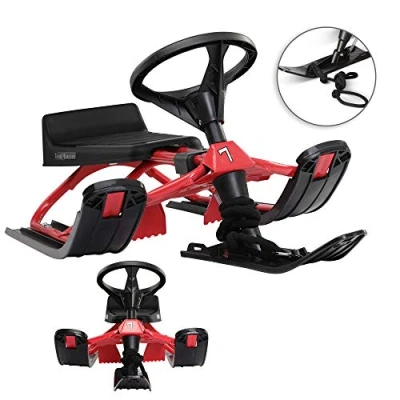 Image of Monzana® SR 400 Ride On Steering Ski Sledge with Wheel Up To 75kg Capacity Brake, Backrest, Pull Rope, Padded Seat Sled Toboggan Children&#039;s Skid Bob Red