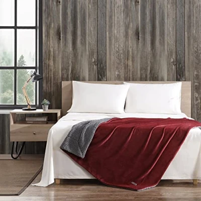 Image of Eddie Bauer Ultra Plush Collection Throw Blanket Reversible Sherpa Fleece Cover, Soft &amp; Cozy, Perfect for Bed or Couch, Red