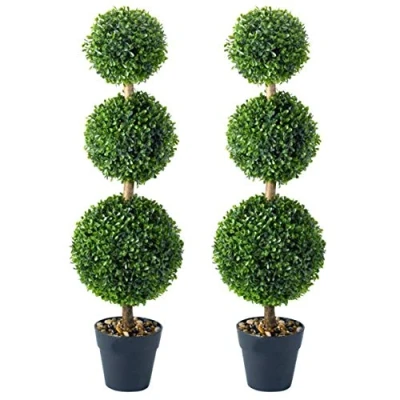 Image of Garden Mile® Green Topiary Tree Artificial Plantation Plants and Pots Artistic Round Ball Cut Bush for Doorway Front Porch Decking (2x Trio 150cm)