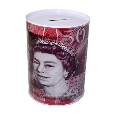 Image of £50 Pound Money Tin Can Box With Printed Piggy Bank Note For Saving Cash. (Large)…