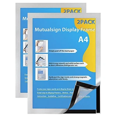 Image of Mutualsign A4 Magnetic Frames 2PCS Self Adhesive Frame Window/Wall Display Holder for Ads, Notices, License (Silver)