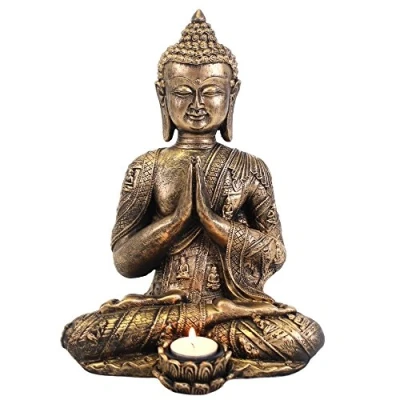 Image of Large Gold Resin Buddha Tealight Holder 33cm x 24cm (1 Pc.) Eye Catching Figurine Peaceful, Relaxing &amp; Spiritual Ambiance Ideal for Your Home Office Decor