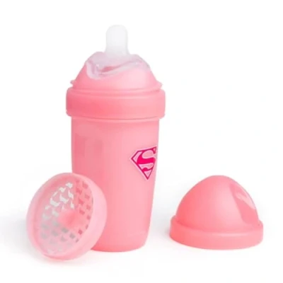 Image of Herobility DC Supergirl Double Anti Colic Baby Bottle Award Winning Hero Bottles Soft Breast Like Teat, Easy Mixing Lid &amp; Net Safe Environment Friendly Materials 240ml/8.5 fl oz