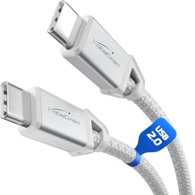 Image of KabelDirekt USB C Cable for Fast Charging, Break Resistant Metal Plugs + Nylon Braiding, 2.0 1m (Charges Phones/Laptops with 60W, Highly robust, Works as Charging/Data Cable, White)