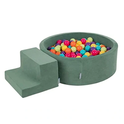 Image of KiddyMoon Foam Playground Velvet For Kids With Round Ballpit (200 Balls ∅ 7Cm/2.75In) Soft Obstacles Course And Ball Pool, Made In EU, Forest Green:Light Green/Yellow/Turquoise/Orange/Dark Pink/Purple