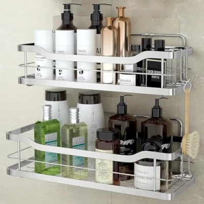 Image of Pack of 2 Self Adhesive Bathroom Shower Caddy Shelf Rack Storage Organiser With Hooks Silver Stainless Steel No Drilling