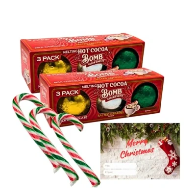 Image of Hot Chocolate Gift Set 6 X Flavoured Cocoa Bombs With Marshmallows + Christmas Candy Canes Sweets Xmas Card Stocking Fillers Drinking For Kids Girls Boys Adults