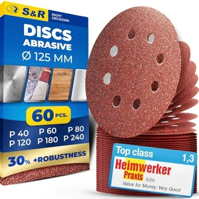 Image of S&amp;R 60 pcs Sanding Disc Pads 125mm/5inch Grinding Discs Sandpaper Sheet Grit 40/60/80/120/180/240 (10 each), 8 Holes Hook and Loop Quick Fitting for Orbit Sander