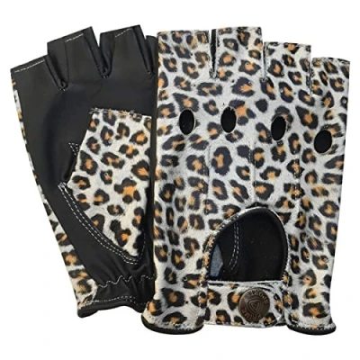 Image of Fingerless Half Finger Premium Driving/Cycling/Motorcycle Gloves in Real Leather 309, leopard white