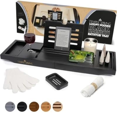Image of Bath Board with Candle Holder, Wine Glass, Book, Tablet, iPad and Phone, Extendable Tray, 100% Natural Bamboo Bathroom Accessories (Black)