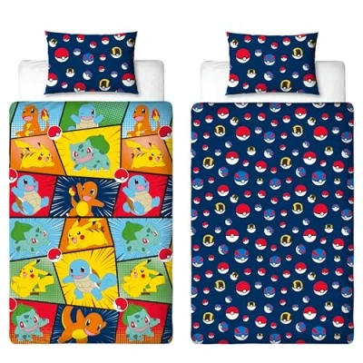 Image of Pokemon Officially Licensed Single Kids Duvet Cover Set Pikachu Bulbasaur Charmander Squirtle Design Reversible 2 Sided Bedding with Matching Pillowcase Childrens Bed
