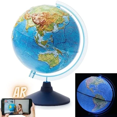 Image of Exerz 32cm Relief Globe Illuminated with Cable Free LED Light AR Augmented Reality App iOS Physical Map Day Up Planet at Night