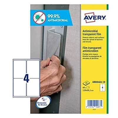 Image of AVERY UK AM0P4A4 Transparent Anti Bacterial Adhesive Labels, 139 x 99.1 mm, Box of 40 Labels