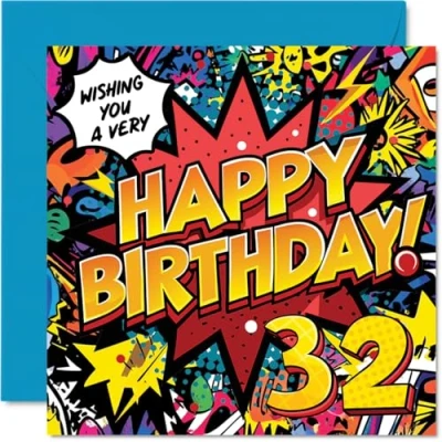 Image of 32nd Birthday Cards for Women Men Comic Book Pow! Happy Card 32 Year Old Woman Man Neighbour Daughter Auntie Cousin, 145mm Bday Greeting