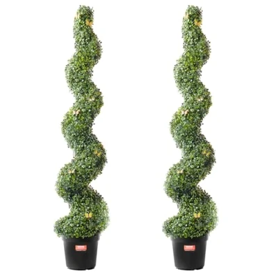 Image of VEVOR Artificial Boxwood, 60 inch Tall (2 Pieces), Spiral Topiary Trees, Faux Plant w/Extra Leaves &amp; Pot Small, UV Rated Greenery Set for Home Decor Indoor/Outdoor, 300 x 1600