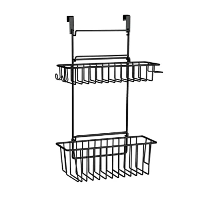 Image of WENKO Flexi all purpose hanging basket, 2 tiers, to hang on drawer or cupboard door, suitable for bathroom and kitchen, without drilling, made of powder coated metal, 32 x 47 12.5 cm, black