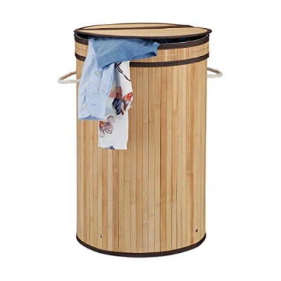Image of Relaxdays Lidded Laundry Hamper, Round Clothes Sorter, 65 Litres, XXL Stand, Natural