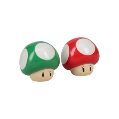 Image of Super Mario Brothers Mushroom Salt and Pepper Shakers Officially Licensed Nintendo Red &amp; Green 1 Up Ceramic Set for Kitchen Home Decor, Housewarming Gift Movie Gaming Fans Paladone