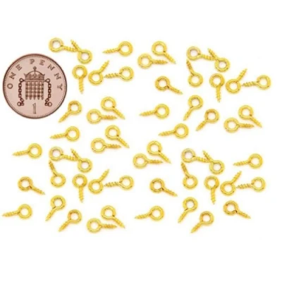 Image of 100 x Small Tiny Mini Eye Pins Eyepins Hooks Eyelets Screw Threaded Bails Findings Gold 10mm