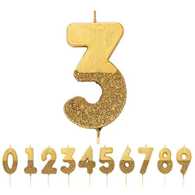 Image of Gold Glitter Number 3 Birthday Candle, Premium Quality Cake Topper Decoration, Pretty, Sparkly For Kids, Adults, 30th Party, Anniversary, Milestone Age