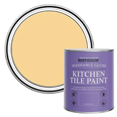 Image of Rust Oleum Yellow Water Resistant Kitchen Tile Paint in Gloss Finish Mustard 750ml