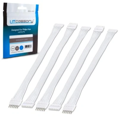 Image of Litcessory Extension Cable for Philips Hue Lightstrip Plus (150mm, 5 Pack, White STANDARD 6 PIN V3)