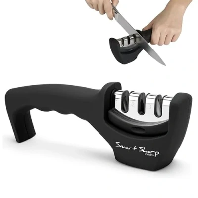 Image of Lantana Smart Sharp Knife Sharpener Professional 3 Stage Manual for Sharpening Kitchen Knives Ceramic Stone, Tungsten Carbide Plates, Diamond rods. Ergonomic Design, Black/Chrome Finish