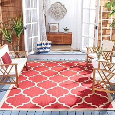 Image of SAFAVIEH Trellis Rug for Indoor &amp; Outdoor Courtyard Collection, Short Pile, in Red and Bone color, 160 X 231 cm