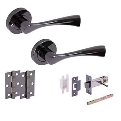 Image of HANDLEZONE® Zena Privacy Door Handle Latch Pack, Complete with Lever On Rose Handles, Latch, Ball Bearing Hinges Black Nickel