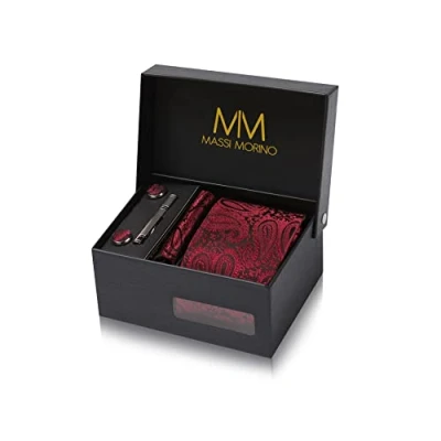 Image of Massi Morino Tie and Pocket Square Set Men incl. Cufflinks, Pin Gift Box Men&#039;s red for Wedding
