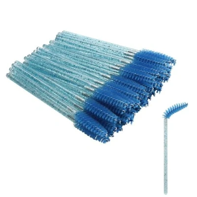 Image of SHUBEIEUMI 50 Pcs Disposable Eyelash Brushes, Mascara Wands, Spoolies Eyebrow, Eyebrow Castor Oil Brush Makeup Tool (Crystal Blue)