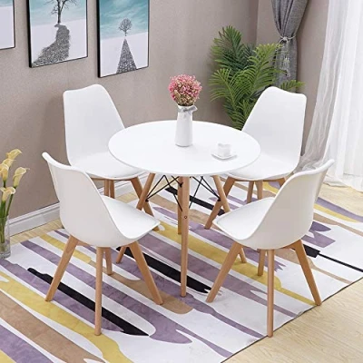 Image of HomJoy Dining Table and 4 Chairs Set, Modern Design PU Seat Lounge Chair White Round Kitchen with Solid Wood Legs