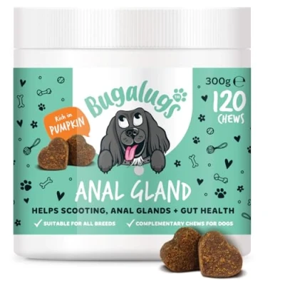 Image of Bugalugs Anal Gland dog chews with Pumpkin Powder for Dogs &amp; Probiotics dogs. Grain free treats rich in Quercetin, Bromelain Fibre helps Glands, Scooting + Gut Health 120