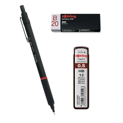 Image of rOtring Rapid Pro 0.5mm Pencil Black Set Tikky hi Polymer Lead Refills, 0.5 mm, HB and Eraser B20